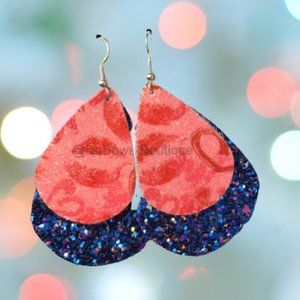 Pink Lips & Blue Glitter Double Layer Faux Leather Earring  (2)  ER2630  Handmad